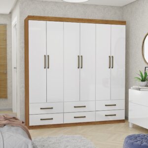 Guarda-Roupa 6 Portas(Sem Espelho/Sem Pés)Dallas 1,53 m Cinamono/Branco – CARIOCA MÓVEIS