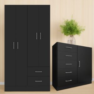 Guarda-Roupa 4 Portas Panamá 4002 + Cômoda 5 Gavetas Sapateira Miami Preto - FELLICCI