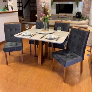 Mesa Pedro 90 Mel/Off White com Cadeiras Sophia/Capri Mel/Veludo Grafite – ART ASSENTOS + WM DECOR