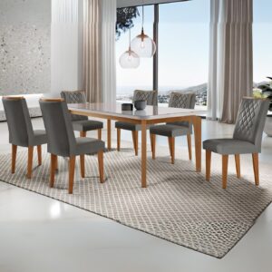 Mesa Londrina 180 Canto Copo Imbuia/Off White com 6 Cadeiras Jade Linho Grafite – RUFATO