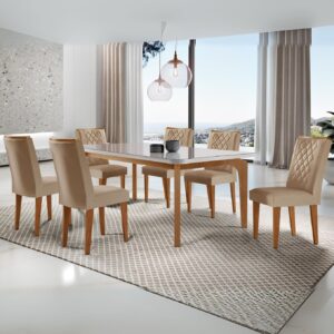 Mesa Londrina 180 Canto Copo Imbuia/Off White com 6 Cadeiras Jade Linho Turim 07 – RUFATO