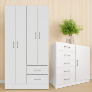 Guarda-Roupa 4 Portas Panamá 4002 + Cômoda 5 Gavetas Sapateira Miami Branco - FELLICCI