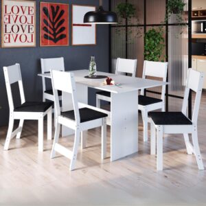 Mesa 6 Cadeiras Karla Branco/Linho Preto - INDÉKES