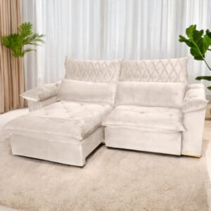 Sofá Retrátil e Reclinável Arezzo 2,50 m Veludo Marfim - ARJAN DECOR