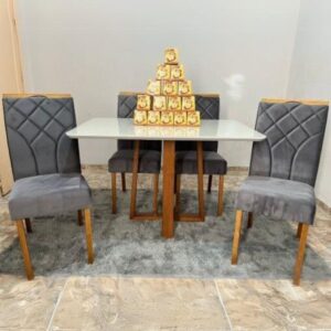 Mesa Pedro 120 Mel/Off White com 4 Cadeiras Stella Veludo Grafite – ART ASSENTOS + CLEFATOS DECOR