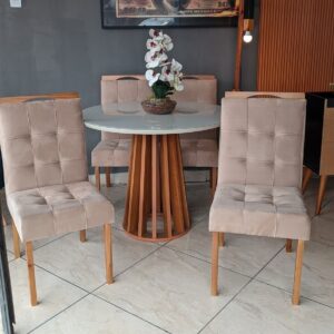 Mesa Redonda Berlim 100 Cinamono/Off White com 4 Cadeiras Sophia/Capri Veludo Bege – CEL MÓVEIS + WM DECOR
