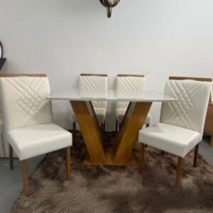 Mesa Classic 120 Cinamomo/Off White com 4 Cadeiras Helena Veludo Bege – CEL MÓVEIS + OURO DECOR