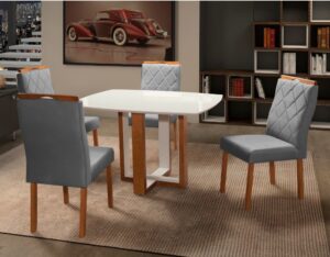 Mesa Atlas Mel/Off White Canto Barril 120×90 com 4 Cadeiras Lisboa Cinza – ART ASSENTOS