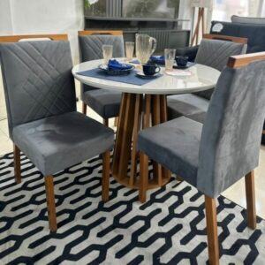 Mesa Redonda Berlim 100 Cinamono/Off White com 4 Cadeiras Helena Veludo Grafite – CEL MÓVEIS + OURO DECOR