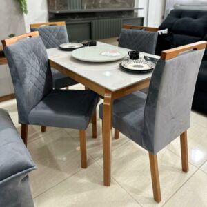 Mesa Egeu 120 Mel/Off White com 4 Helena Mel/Veludo Grafite – MADESALA + OURO DECOR