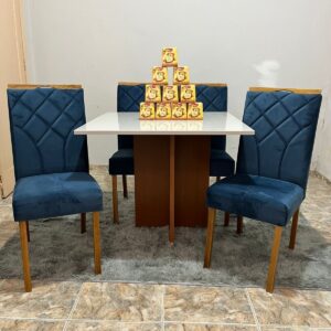 Mesa Los Angeles 120 Cinamono/Off White com 4 Cadeiras Stella Veludo Azul – MINASPLAC + CLEFATOS