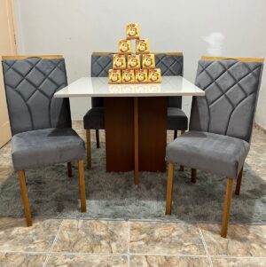 Mesa Los Angeles 120 Cinamono/Off White com 4 Cadeiras Stella Veludo Grafite – MINASPLAC + CLEFATOS