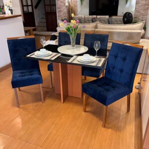 Mesa Los Angeles 120 Cinamono/Preto com 4 Cadeiras Sophia/Capri Veludo Azul – MINASPLAC + WM DECOR