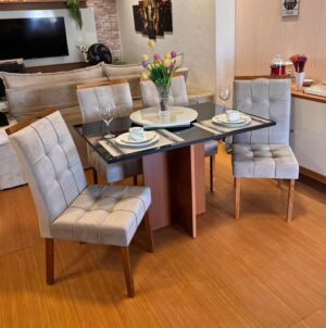 Mesa Los Angeles 120 Cinamono/Preto com 4 Cadeiras Sophia/Capri Veludo Bege – MINASPLAC + WM DECOR