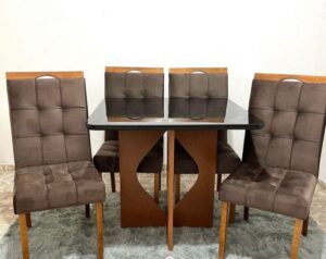 Mesa Madri 120×80 Cinamono/Preto com 4 Cadeiras Sophia/Capri Veludo Marrom – MINASPLAC + WM DECOR