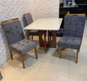 Mesa Madri 120×80 Cinamono/Off White com 4 Cadeiras Sophia/Capri Veludo Grafite – MINASPLAC + WM DECOR