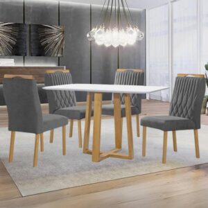 Mesa Pedro 120 Mel/Off White com 4 Cadeiras Gênova Veludo Grafite – ART ASSENTOS
