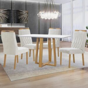 Mesa Pedro 120 Mel/Off White com 4 Cadeiras Gênova Veludo Marfim – ART ASSENTOS