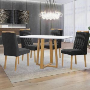 Mesa Pedro 120 Mel/Off White com 4 Cadeiras Gênova Veludo Preto – ART ASSENTOS
