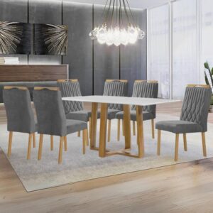 Mesa Pedro 160 Mel/Off White com 6 Cadeiras Gênova Veludo Grafite – ART ASSENTOS