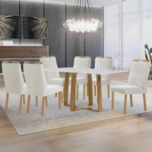 Mesa Pedro 160 Mel/Off White com 6 Cadeiras Gênova Veludo Marfim – ART ASSENTOS