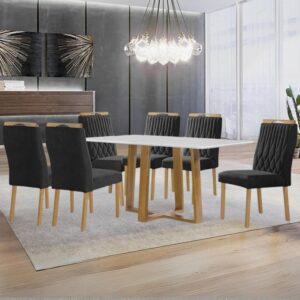 Mesa Pedro 160 Mel/Off White com 6 Cadeiras Gênova Veludo Preto – ART ASSENTOS