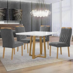 Mesa Pedro 90 Mel/Off White com 4 Cadeiras Gênova Veludo Grafite – ART ASSENTOS