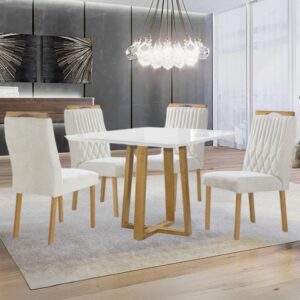 Mesa Pedro 90 Mel/Off White com 4 Cadeiras Gênova Veludo Marfim – ART ASSENTOS
