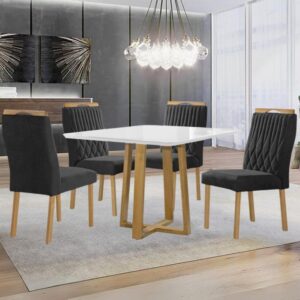 Mesa Pedro 90 Mel/Off White com 4 Cadeiras Gênova Veludo Preto – ART ASSENTOS