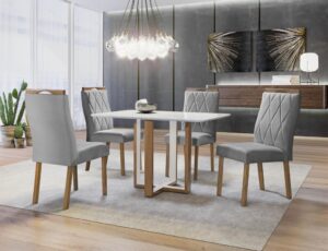 Mesa Atlas Mel/Off White Canto Copo 120×80 com 4 Cadeiras Lisboa Cinza – ART ASSENTOS