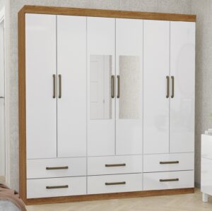 Guarda-Roupa 6 Portas(Com Espelho/Sem Pés)Dallas 1,53 m Cinamono/Branco – CARIOCA MÓVEIS