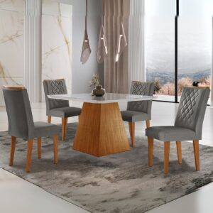 Mesa Luna 90 Canto Copo Imbuia/Ripado/Off White com 4 Cadeiras Jade Linho Grafite – RUFATO