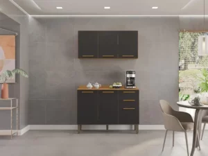 Armário Aéreo e Balcão Cozinha New Valencia Cinamomo Grafite Salleto