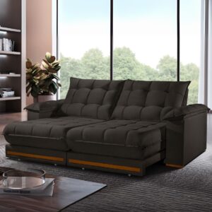 Sofá Retrátil e Reclinável Barcelona 2,50 m Veludo Marrom - ESTOFADOS TEIXEIRA