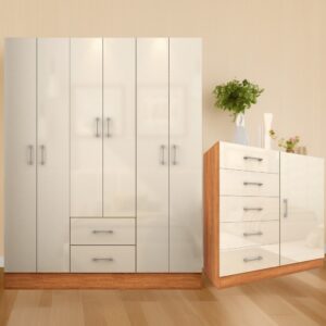 Guarda-Roupa 6 Portas Jamaica 6002 + Cômoda 5 Gavetas Sapateira Miami Cinamono/Off White – FELLICCI