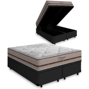Colchão Queen Classic Ensacadas AG D70 Bege + Base Baú Avalon Preto – ANJOS + AVALON