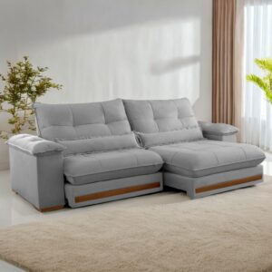 Sofá Retrátil e Reclinável Qatar 2,50m Veludo Cinza B010 - TREVO ESTOFADOS