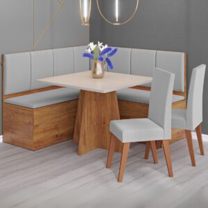 Conjunto Canto Alemão + Mesa Mon/Soberano Mel/Blonde + 2 Cadeiras Milão Mel/Linho Inox - VIERO MÓVEIS