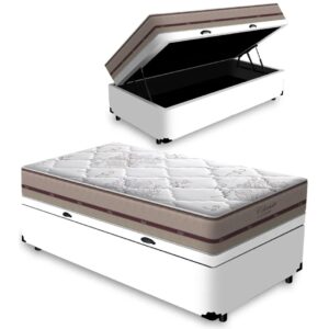 Colchão Solteiro Classic Ensacadas AG D70 Bege + Base Baú Avalon Branco – ANJOS + AVALON