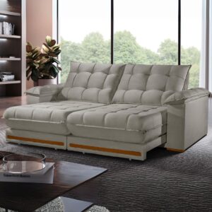 Sofá Retrátil e Reclinável Barcelona 2,50 m Veludo Cinza Prata - ESTOFADOS TEIXEIRA