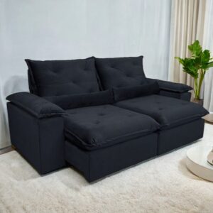 Sofá Retrátil e Reclinável Brasão 2,00 m Veludo Preto - MD ESTOFADOS