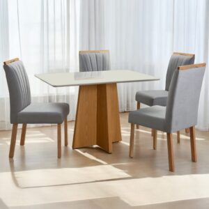 Mesa Dasala 120 Imbuia Mel/Off White com 4 Cadeiras Patrícia 01 Imbuia Mel/Veludo Cinza Prata 148 – CARVALHO DECOR