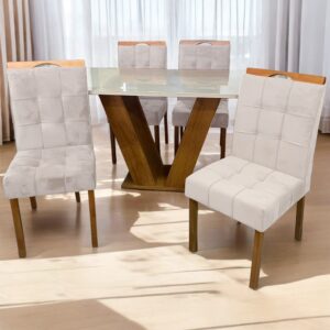 Mesa Classic 120 Cinamomo/Off White com 4 Cadeiras Sophia Mel/Veludo Bege – CEL MÓVEIS + WM DECOR