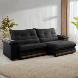 Sofá Retrátil e Reclinável Qatar 2,50m Veludo Preto B013 - TREVO ESTOFADOS