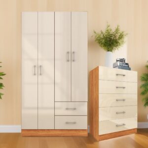 Guarda-Roupa 4 Portas Panamá 4002 + Cômoda 5 Gavetas Aruba Cinamono/Off White – FELLICCI