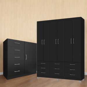 Guarda-Roupa 6 Portas Paraty 3690 + Cômoda 5 Gavetas Sapateira Miami Preto - FELLICCI