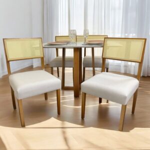 Mesa Pedro 90 Mel/Off White + 4 Cadeiras Grécia Mel/Linho Bege – ART ASSENTOS + HR MOVELARIA