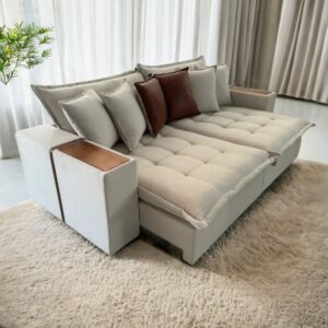 Sofá Cama Retrátil Thebas/Gabriela 2,50 m Linho Cru 304/Courino Dalas – ZARAT ESTOFADOS
