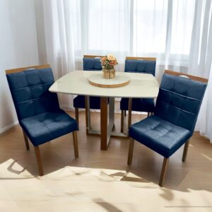 Mesa Atlas Mel/Off White Canto Barril 120×90 com 4 Cadeiras Sophia Mel/Veludo Azul – ART ASSENTOS + WM DECOR
