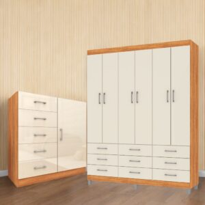 Guarda-Roupa 6 Portas Paraty 3690 + Cômoda 5 Gavetas Sapateira Miami Cinamono/Off White - FELLICCI